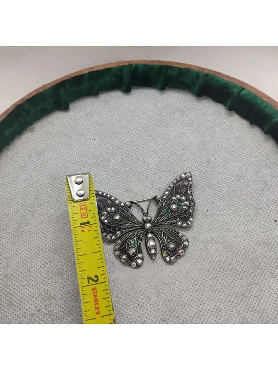 Vtg Plique a Jour Enamel & Marcasite Butterfly Brooch Pin Green Lavender - READ - Picture 6 of 8